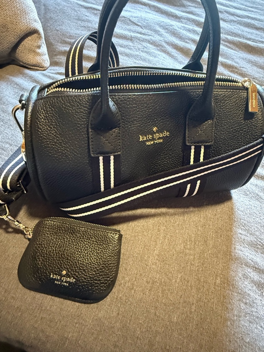 Kate Spade Black Pebbled Leather Barrel Bag with Coin Pouch